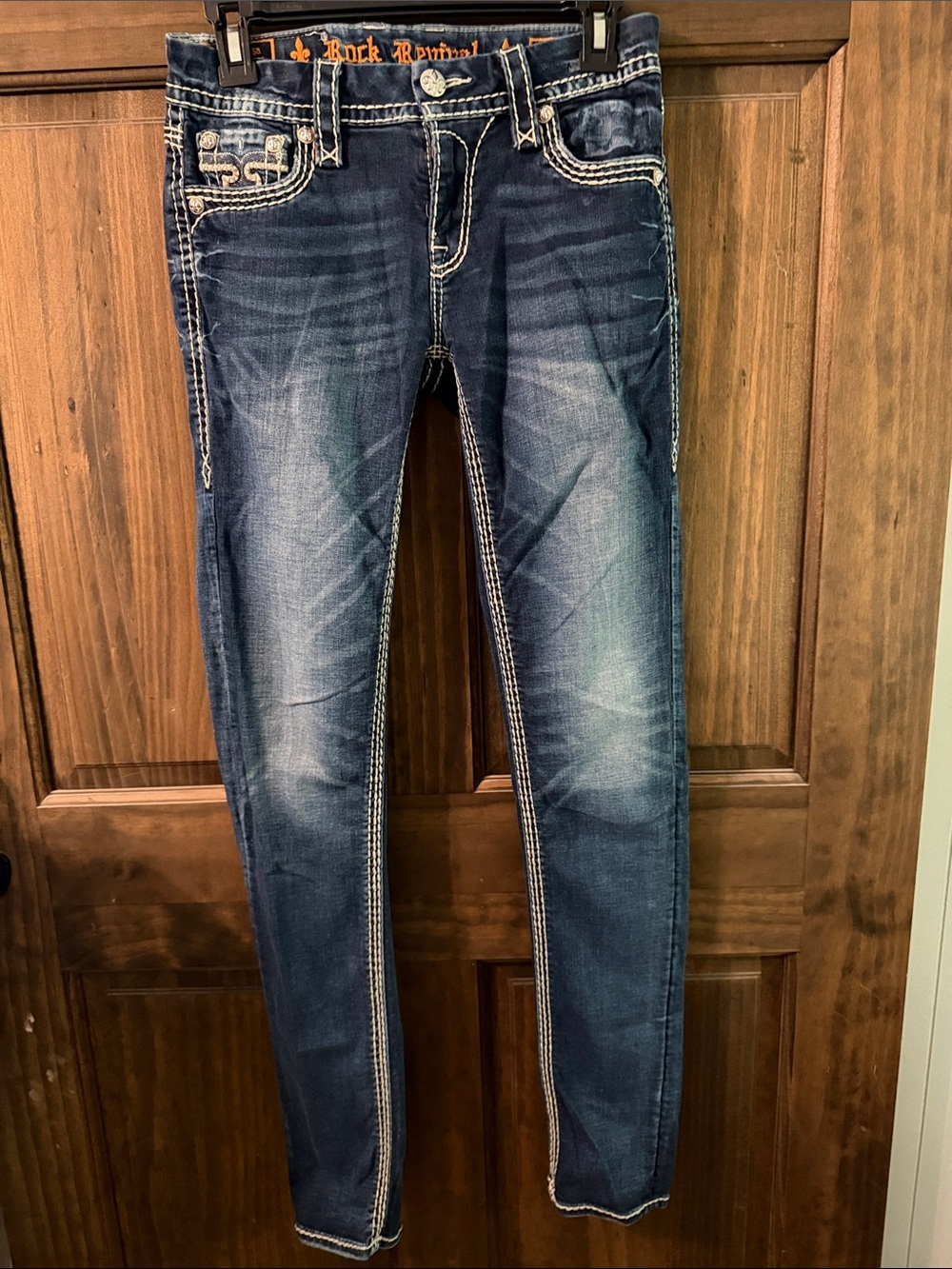 Rock Revival Women's Dark Blue Skinny Jeans with Contrast Stitching